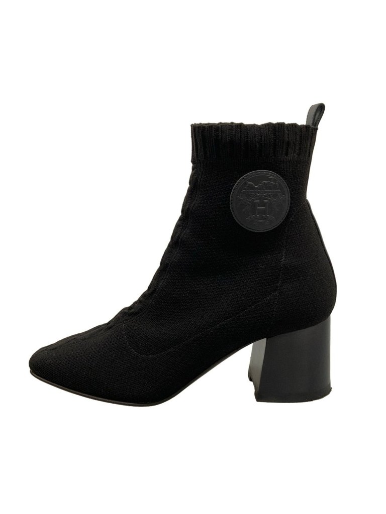 Hermes Short Boots Volver 60 Black Knit Click Se Nue Ex-Libris Leather